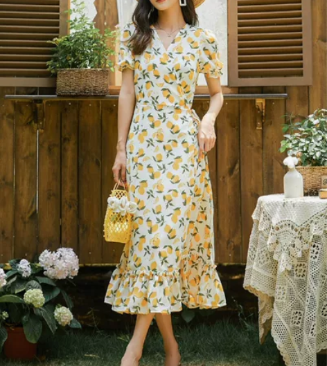 夏季V领雪纺一片式短袖连衣裙修身碎花桔梗系...