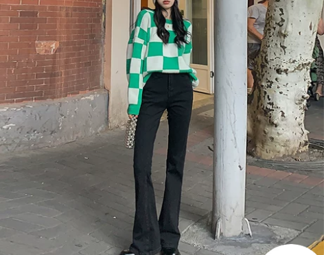 高腰加绒微喇叭牛仔裤女2021年秋冬新款潮...