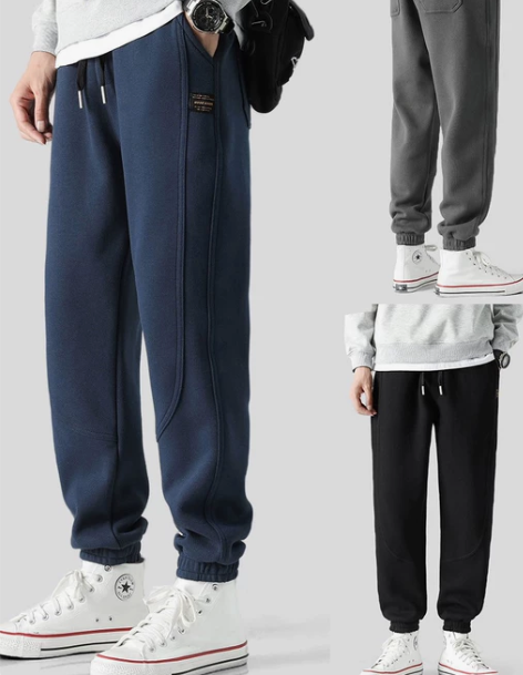 秋冬款男士宽松加绒卫裤百搭运动裤休闲拼接束...