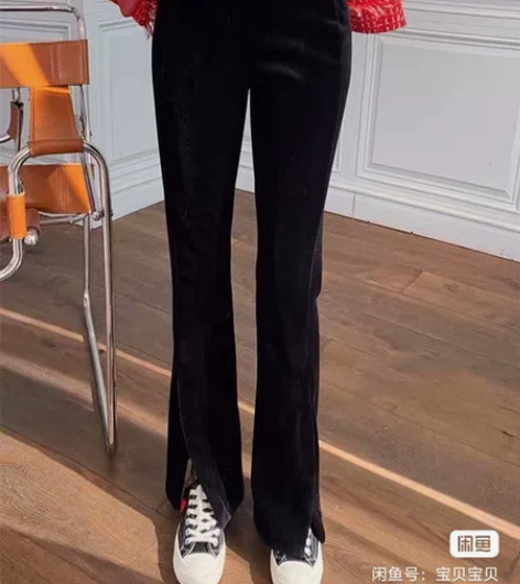 秋冬新款加绒加厚网红雪尼尔修身显瘦开叉长裤...