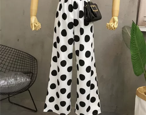 ?春装2019新款韩版大波点阔腿裤女高腰休...
