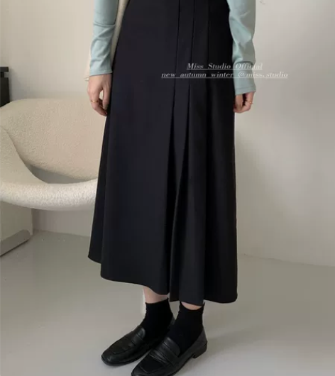 MISS半边百褶裙黑色毛呢半身裙中长款秋冬...