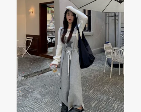 ?复古抽绳背带休闲裤女春秋新款拖地直筒宽松...