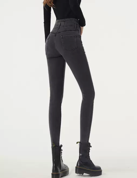 高腰牛仔裤 高腰牛仔裤小脚裤烟灰色加绒女2...