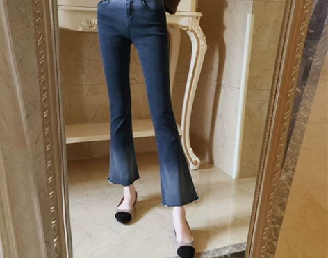 微喇牛仔裤韩版高腰九分喇叭裤修身显瘦弹力大...