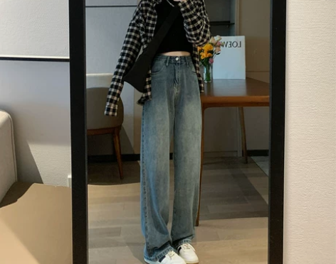 高腰阔腿牛仔裤女2022年春款复古港味百搭...