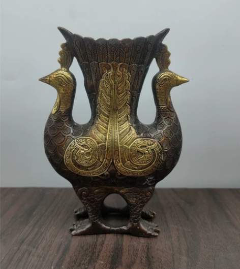 古玩古董老铜器收藏品孔雀杯鎏金工艺，品相好...