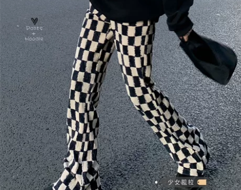 复古棋盘格休闲裤女秋冬新款高腰显瘦宽松微喇...