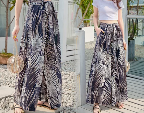 复古温柔风波西米亚甩裤雪纺阔腿裤裙裤女夏薄...