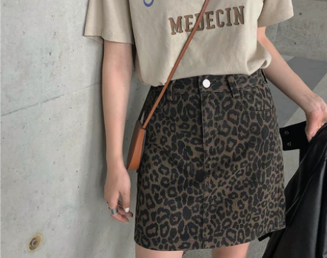复古豹纹牛仔高腰a字牛仔半身裙大码女休闲包...