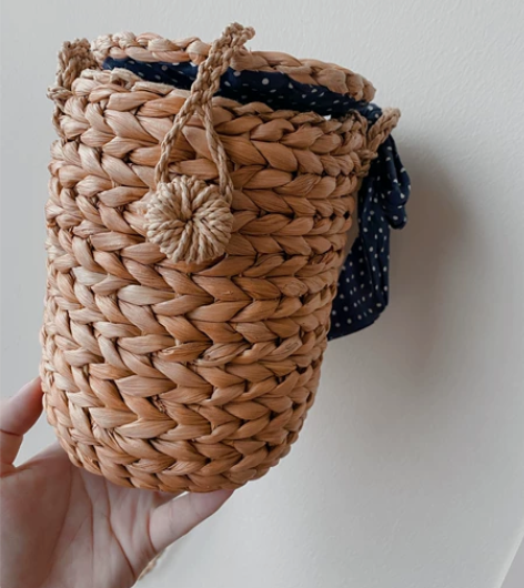 精致迷你MINI文艺藏青色古朴森系草编水桶...