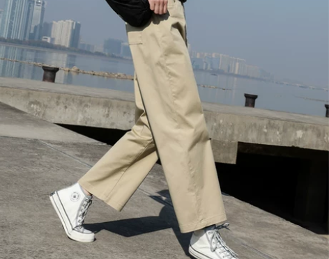 卡其色裤子女宽松阔腿大码工装裤夏季小个子直...