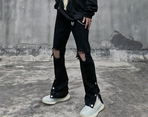 破洞牛仔裤男黑色排扣设计感