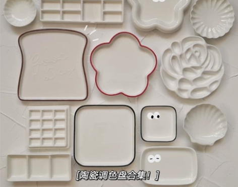 包邮，水彩陶瓷调色盘贝壳三格迷你调色盘水彩...