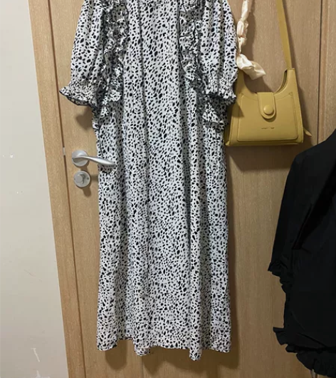 豹纹泡泡袖可盐可甜有口袋连衣裙中码长款,全...