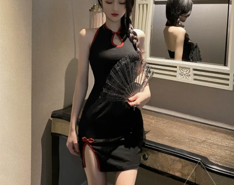 网红主播裙子中国风少女性感露背修身短款挂脖...