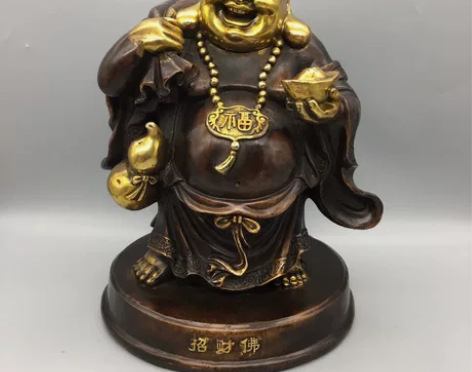 纯铜仿古鎏金大号招财弥勒佛铜器摆件，工艺精...