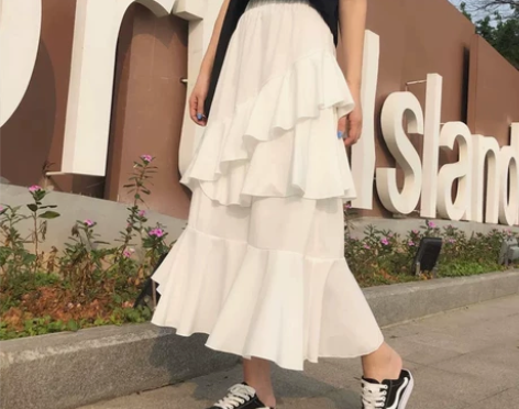 白色垂坠半身裙 不规则半身裙女春夏季雪纺半...