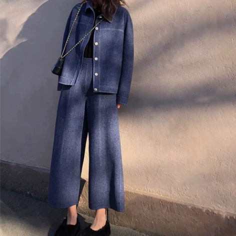 FFAN泛泛 牛仔风双面呢羊毛短款两件套裤...