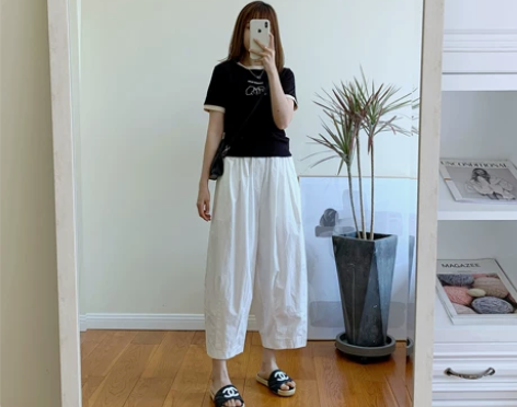 日系工装阔腿休闲裤女夏款全棉百搭舒适松紧腰...