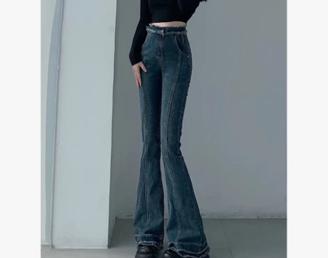 高腰毛边微喇牛仔裤女2022秋冬新款复古拼...