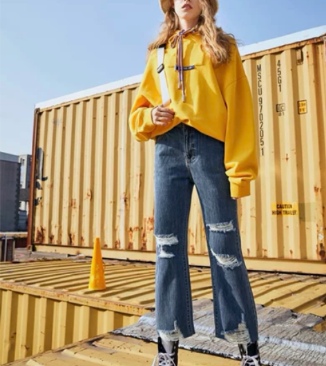 MG2019夏装新款女装破洞显瘦牛仔裤蓝色...