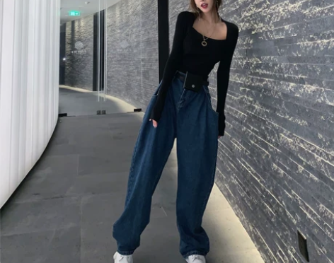 高腰牛仔裤女韩版宽松直筒显瘦百搭长裤201...