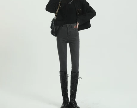 vfvk烟灰高腰小脚牛仔裤女2022年新款...