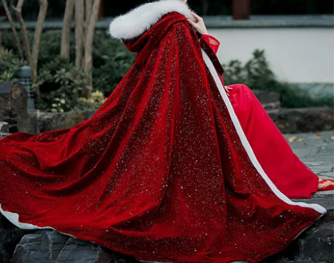 酒红色斗篷汉服女中国风毛领加绒加厚披风古装...