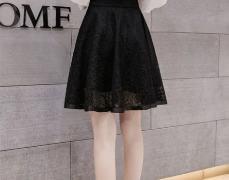 夏季蕾丝伞裙半身裙黑色a字裙高腰裙短裙女蓬...