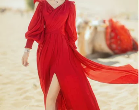 云南青海湖沙漠拍照长裙民族风红色连衣裙西藏...