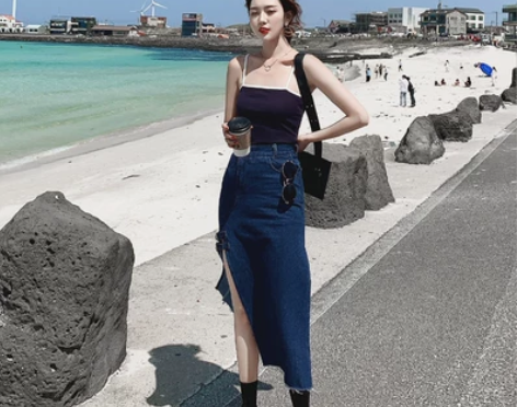 ?复古港风chic夏季开叉裙子新款中长款高...