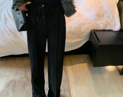 大瓶定制 r0w系神裤 黑色高腰裤子女冬宽...