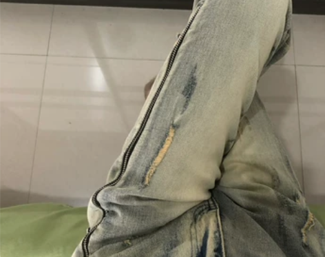 大码街头宽松侧边拉链破洞牛仔裤复古高街胖妹...