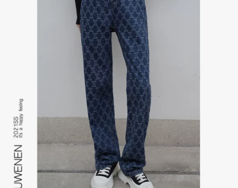 鱼问问 提花设计感法式牛仔裤女高街新款高腰...