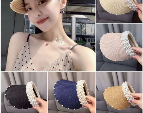 草帽女夏天手工珍珠沙滩草空顶帽女遮阳防晒太...