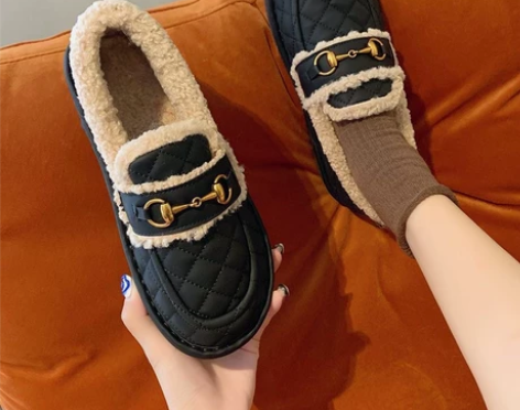 加绒乐福鞋女2022年冬季新款平底毛毛鞋外...