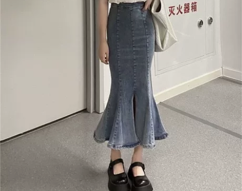 小个子高腰牛仔半身裙新款开叉荷叶边弹力紧身...