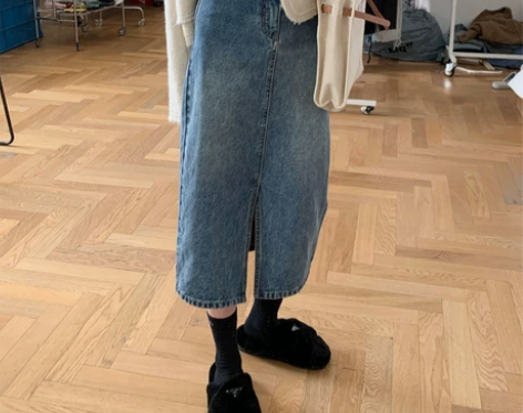 EAL羽迹2022秋季韩版高腰直筒A字牛仔...