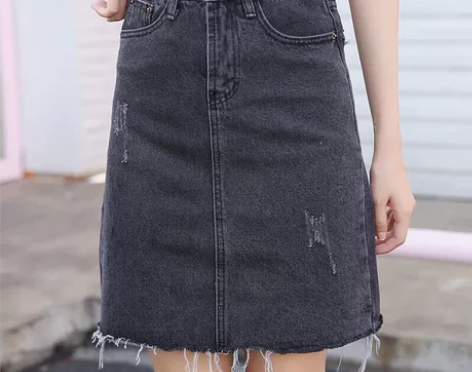 水洗黑牛仔半身裙显瘦磨毛破洞包臀中裙 L码...