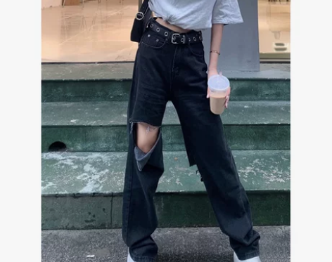 ?黑色高腰显瘦直筒宽松阔腿拖地破洞牛仔裤 ...