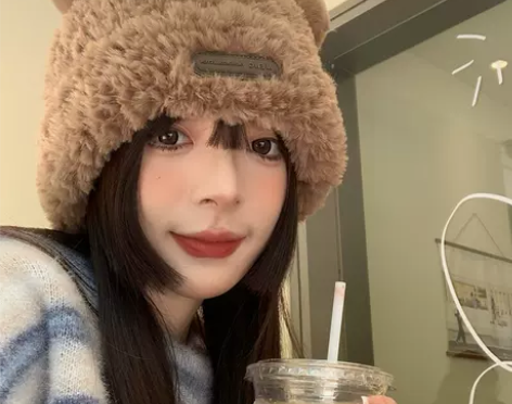 子女毛绒可爱小熊毛线帽冬季加厚毛绒保暖毛毛...