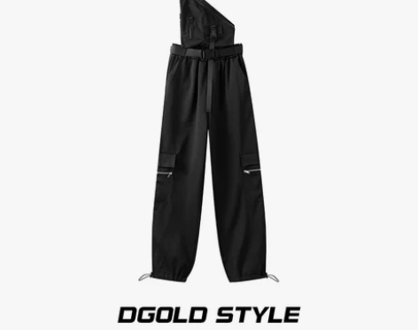 白小鱼 国潮黑色甜酷辣妹可拆卸背带裤女高腰...