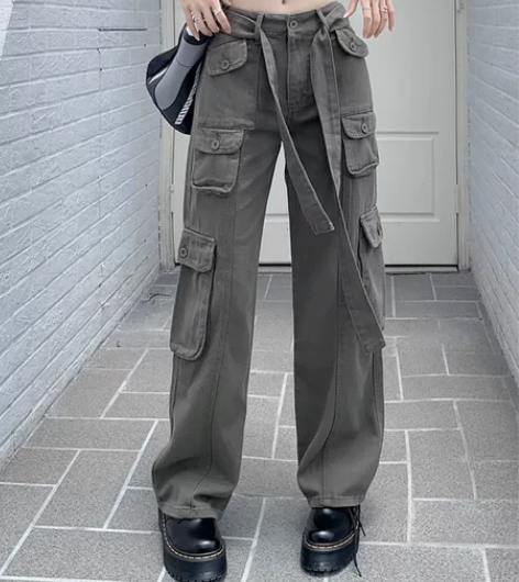 休闲工装裤女装嘻哈潮ins高街粉色牛仔长裤...