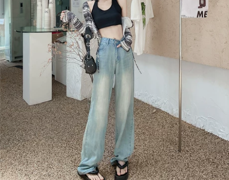 哲娜纯天丝薄款牛仔裤女2022年夏季高腰阔...