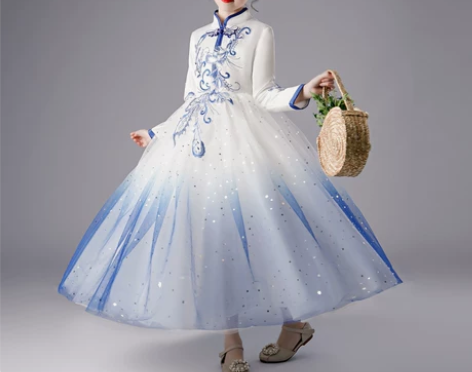 秋冬款女童中国风公主裙古筝表演演出服小主持...