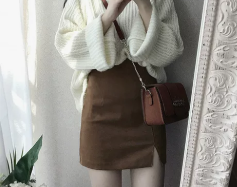高腰开叉a字半身裙秋冬 女新款韩版百搭鹿皮...