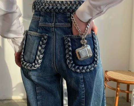 【地球店】搭配王者 手工麻花辫阔腿牛仔裤女...