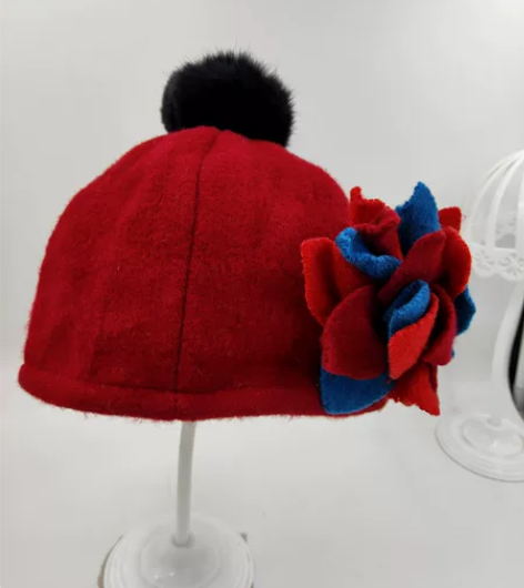 全新红色女子羊毛呢立体花装饰双层瓜皮帽 有...