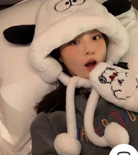 【全新】可爱白色小狗手套帽子女冬季雷锋帽保...